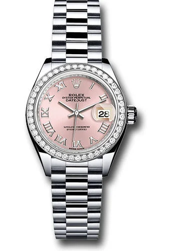 Traveler’s Watches with World Time FunctionRolex Platinum Lady-Datejust 28 Watch - 44 Diamond Bezel - Pink Roman Dial - President Bracelet - 279136RBR prp