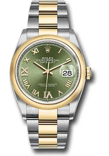 Watches with Luminous Markers for Night VisibilityRolex Steel and Yellow Gold Rolesor Datejust 36 Watch - Domed Bezel - Olive Green Roman Dial - Oyster Bracelet - 126203 ogdr69o