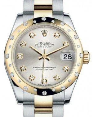 Watches with Backlight for Low-Light ConditionsRolex Datejust 31 Lady Midsize Yellow Gold/Steel Silver Diamond Dial & Diamond Set Domed Bezel Oyster Bracelet 178343