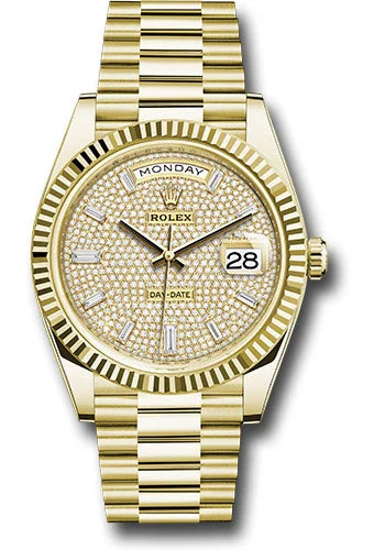 Men’s Watches with Date Display WindowRolex Yellow Gold Day-Date 40 Watch - Fluted Bezel - Diamond-Paved Dial - President Bracelet - 228238 dpbdp