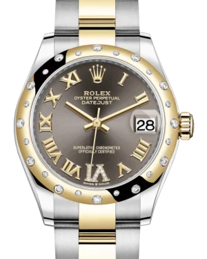 Military Style Watches with Luminescent HandsRolex Lady-Datejust 31 Yellow Gold/Steel Dark Grey Roman Diamond VI Dial & Domed Set with Diamonds Bezel Oyster Bracelet 278343RBR