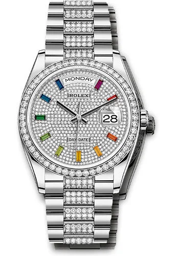 Minimalist Analog Watches for Everyday WearRolex White Gold Day-Date 36 Watch - Diamond Bezel - Diamond-Paved Dial - Diamond President Bracelet - 128349rbr dprsdp