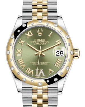 Adjustable Strap Watches for Perfect FitRolex Lady-Datejust 31 Yellow Gold/Steel Olive Green Roman Diamond VI Dial & Domed Set with Diamonds Bezel Jubilee Bracelet 278343RBR