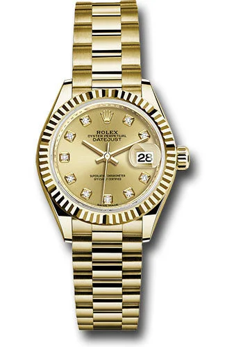 Adjustable Strap Watches for Perfect FitRolex Yellow Gold Lady-Datejust 28 Watch - Fluted Bezel - Champagne Diamond Dial - President Bracelet - 279178 chdp