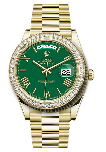 Watches with Rubber Straps for Comfort and DurabilityRolex Yellow Gold Day-Date 40 Watch - Diamond Bezel - Green Roman Dial - President Bracelet - 228348rbr grrp