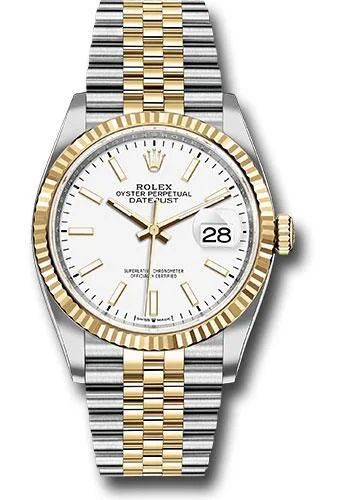 Watches with Luminous Markers for Night VisibilityRolex Steel and Yellow Gold Rolesor Datejust 36 Watch - Fluted Bezel - White Index Dial - Jubilee Bracelet - 126233 wij