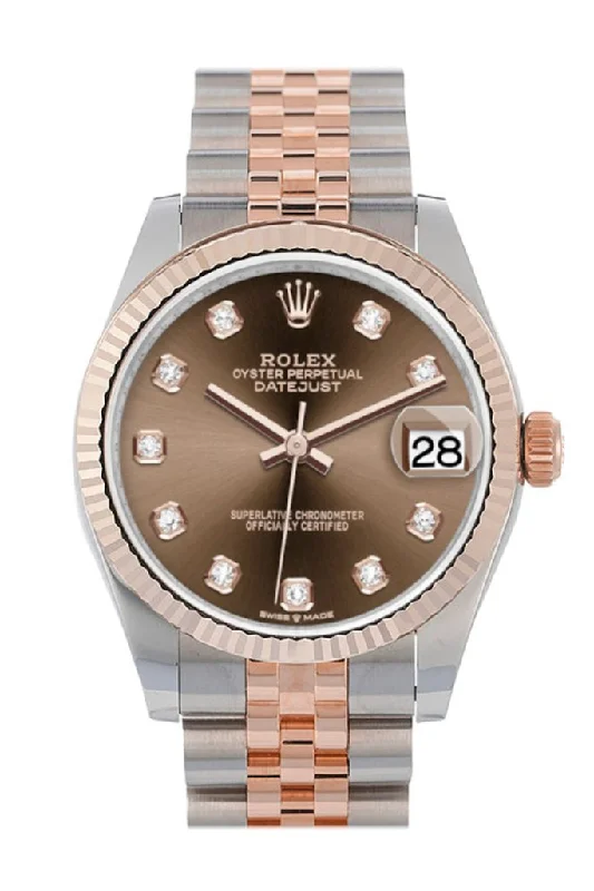 Watches with Matte Finish Cases for a Sophisticated LookRolex Datejust 31 Chocolate Diamond Dial Fluted Bezel 18K Everose Gold Two Tone Jubilee Watch 278271