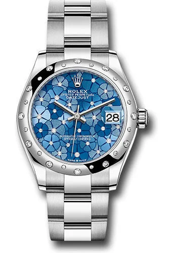 Leather Cuff Watches for a Bohemian LookRolex White Rolesor Datejust 31 Watch - Domed, Diamond Bezel - Azzurro Blue Floral Motif Diamond Dial - Oyster Bracelet 278344rbr azflomdo