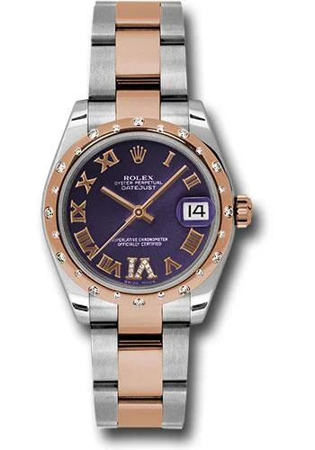 Fashionable Quartz Watches for Women with Leather StrapsRolex Steel and Everose Gold Datejust 31 Watch - 24 Diamond Bezel - Purple Diamond Roman Vi Roman Dial - Oyster Bracelet - 178341 pdro