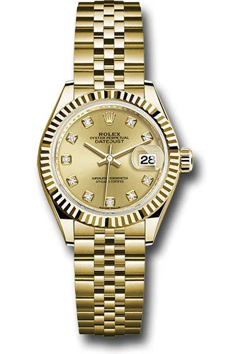 Watches with Glossy Finish Cases for a Shiny AppealRolex Yellow Gold Lady-Datejust 28 Watch - Fluted Bezel - Champagne Diamond Dial - Jubilee Bracelet - 279178 chdj