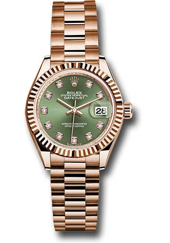 Casual Watches for Weekend OutingsRolex Rolex Everose Gold Lady-Datejust 28 Watch - Fluted Bezel - Olive Green Diamond Dial - President Bracelet - 279175 ogdp