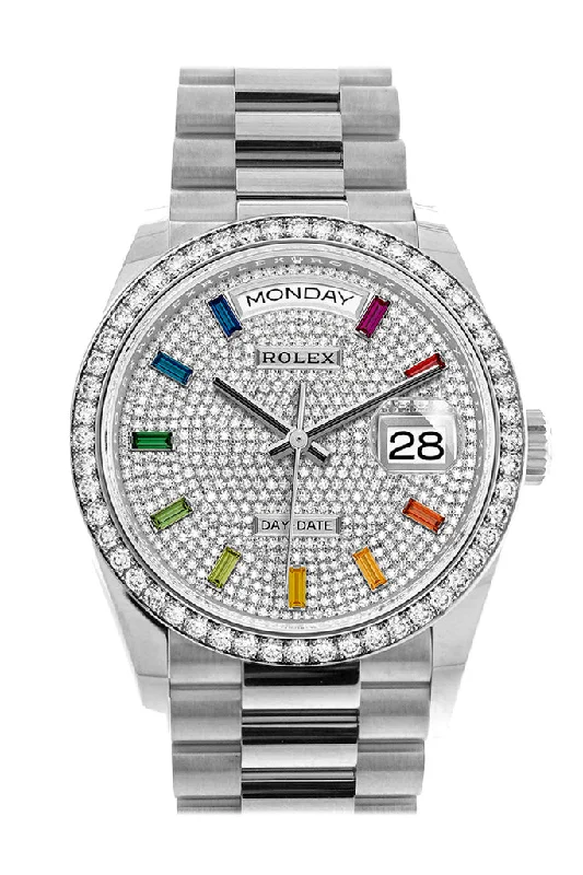 Women’s Watches with Swarovski CrystalsRolex Day-Date 36 Fluted Bezel Diamond Paved Rainbow Sapphire Dial President Bracelet 128349RBR