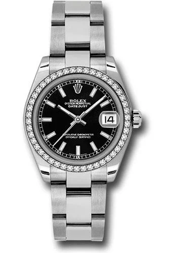 Waterproof Diving Watches with Rotating BezelRolex Steel and White Gold Datejust 31 Watch - 46 Diamond Bezel - Black Index Dial - Oyster Bracelet - 178384 bkio