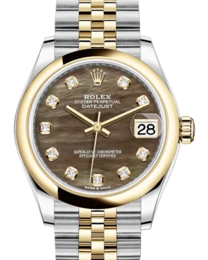 Round Dial Watches with Roman NumeralsRolex Lady-Datejust 31 Yellow Gold/Steel Black Mother of Pearl Diamond Dial & Smooth Domed Bezel Jubilee Bracelet 278243