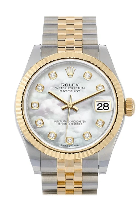 Mechanical Watches with Hand-Winding MechanismRolex Datejust 31 White mother-of-pearl Diamond Dial Fluted Bezel 18K Yellow Gold Two Tone Jubilee Watch 278273 NP