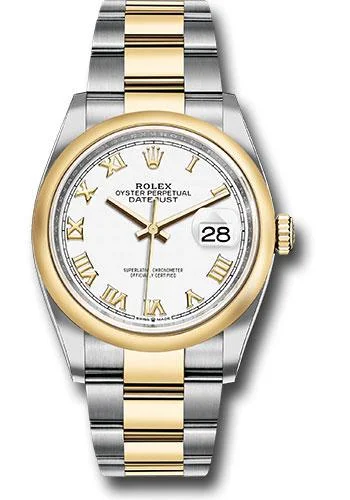 Watches with Glossy Finish Cases for a Shiny AppealRolex Steel and Yellow Gold Rolesor Datejust 36 Watch - Domed Bezel - White Roman Dial - Oyster Bracelet - 126203 wro