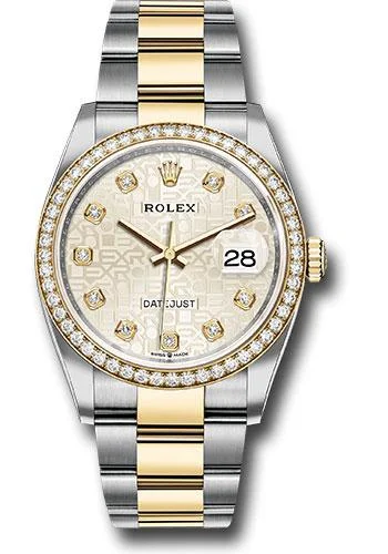 Watches with Luminous Markers for Night VisibilityRolex Steel and Yellow Gold Rolesor Datejust 36 Watch - Diamond Bezel - Silver Jubilee Diamond Dial - Oyster Bracelet - 126283RBR sjdo