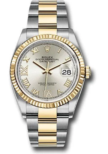 Watches with Engraved Dials for PersonalizationRolex Steel and Yellow Gold Rolesor Datejust 36 Watch - Fluted Bezel - Silver Roman Dial - Oyster Bracelet - 126233 sdr69o