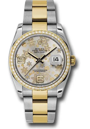 Women’s Watches with Swarovski CrystalsRolex Steel and Yellow Gold Rolesor Datejust 36 Watch - 52 Diamond Bezel - Silver Floral Arabic Dial - Oyster Bracelet - 116243  sfao