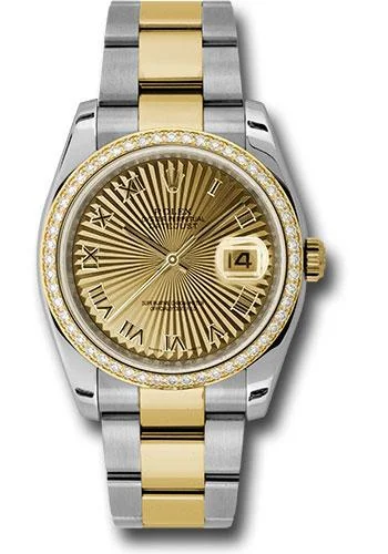 Watches with Engraved Dials for PersonalizationRolex Steel and Yellow Gold Rolesor Datejust 36 Watch - 52 Diamond Bezel - Champagne Sunbeam Roman Dial - Oyster Bracelet - 116243 chsbro