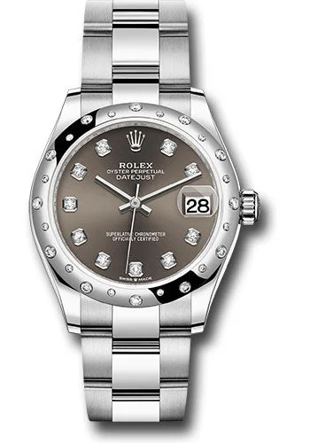 Watches with Baton-Style Hands for a Classic LookRolex Steel and White Gold Datejust 31 Watch - Domed 24 Diamond Bezel - Dark Grey Diamond Dial - Oyster Bracelet 278344RBR dkgdo