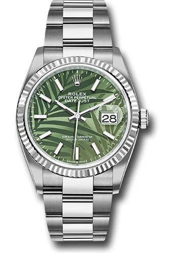 Watches with Baton-Style Hands for a Classic LookRolex Rolex White Rolesor Datejust 36 Watch - Fluted Bezel - Olive Green Palm Motif Dial - Oyster Bracelet - 2021 Release - 126234 ogpmio