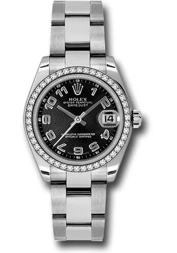 Ceramic Cased Watches with Mother-of-Pearl DialsRolex Steel and White Gold Datejust 31 Watch - 46 Diamond Bezel - Black Concentric Circle Arabic Dial - Oyster Bracelet - 178384 bkcao