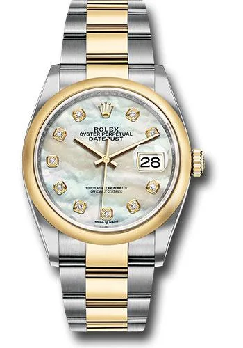 Dressy Watches for Evening EventsRolex Steel and Yellow Gold Rolesor Datejust 36 Watch - Domed Bezel - White Mother-Of-Pearl Diamond Dial - Oyster Bracelet - 126203 mdo