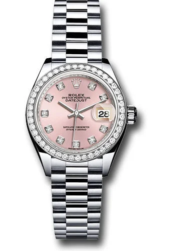 Stainless Steel Dress Watches for BusinessmenRolex Platinum Lady-Datejust 28 Watch - 44 Diamond Bezel - Pink Diamond Dial - President Bracelet - 279136RBR pdp