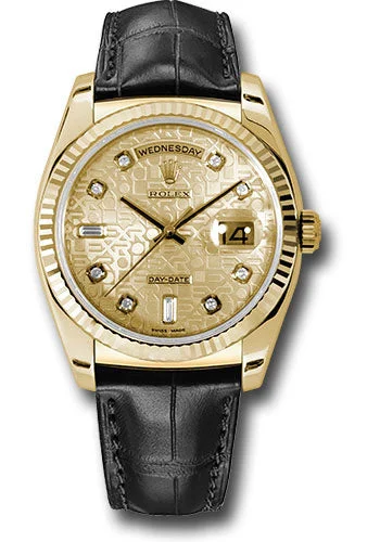 Round Dial Watches with Roman NumeralsRolex Rolex Yellow Gold Day-Date 36 Watch - Fluted Bezel - Champagne Jubilee Diamond Dial - Black Leather - 118138 chjdl