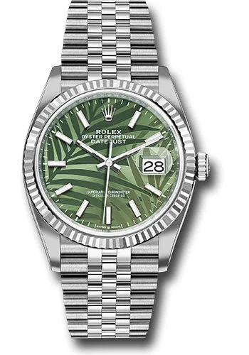 Watches with Stainless Steel PVD Coating for Scratch ResistanceRolex Rolex White Rolesor Datejust 36 Watch - Fluted Bezel - Olive Green Palm Motif Dial - Jubilee Bracelet - 2021 Release - 126234 ogpmij