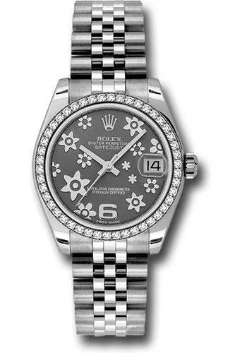 Watches with Backlight for Low-Light ConditionsRolex Steel and White Gold Datejust 31 Watch - 46 Diamond Bezel - Dark Rhodium Floral Motif Arabic 6 Dial - Jubilee Bracelet - 178384 rfj