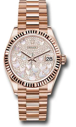 Limited Edition Watches for Exclusive CollectorsRolex Everose Gold Datejust 31 Watch - Fluted Bezel - Diamond Paved Butterfly Dial - President Bracelet - 278275 pmopbp