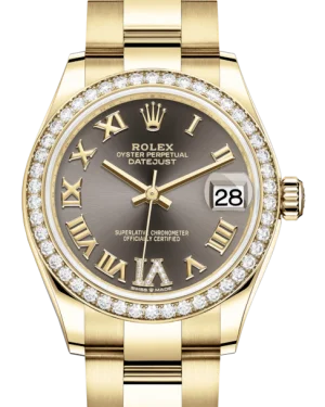 Stainless Steel Dress Watches for BusinessmenRolex Lady-Datejust 31 Yellow Gold Dark Grey Roman Diamond VI Dial & Diamond Bezel Oyster Bracelet 278288RBR