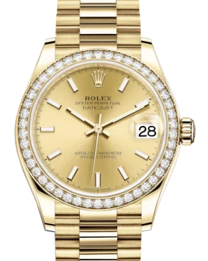 Watches with Backlight for Low-Light ConditionsRolex Lady-Datejust 31 Yellow Gold Champagne Index Dial & Diamond Bezel President Bracelet 278288RBR