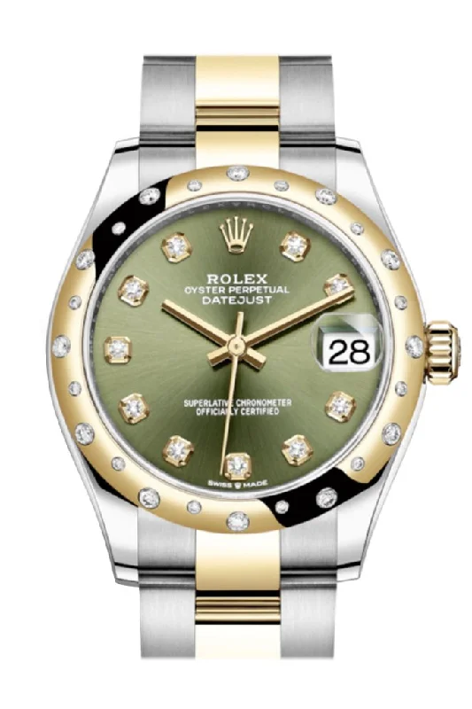 Watches with Stainless Steel PVD Coating for Scratch ResistanceRolex Datejust 31 Olive Green Diamonds Dial Diamond Bezel Yellow Gold Two Tone Watch 278343RBR 278343 NP