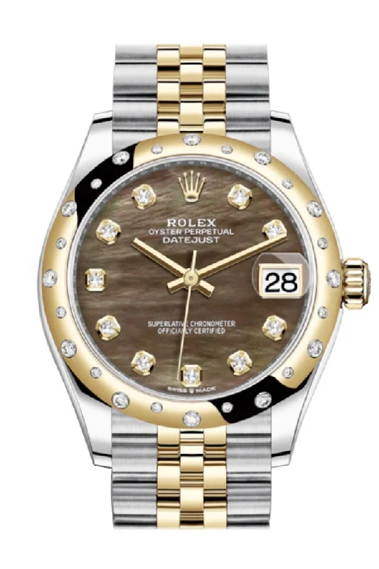 Women’s Dress Watches with Elegant StrapsRolex Datejust 31 Black mother-of-pearl diamonds Dial Diamond Bezel Jubilee Yellow Gold Two Tone Watch 278341RBR 278343