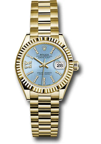 Women’s Dress Watches with Elegant StrapsRolex Yellow Gold Lady-Datejust 28 Watch - Fluted Bezel - Cornflower Blue Stripe Diamond Index Dial - President Bracelet - 279178 cbls36dix8dp