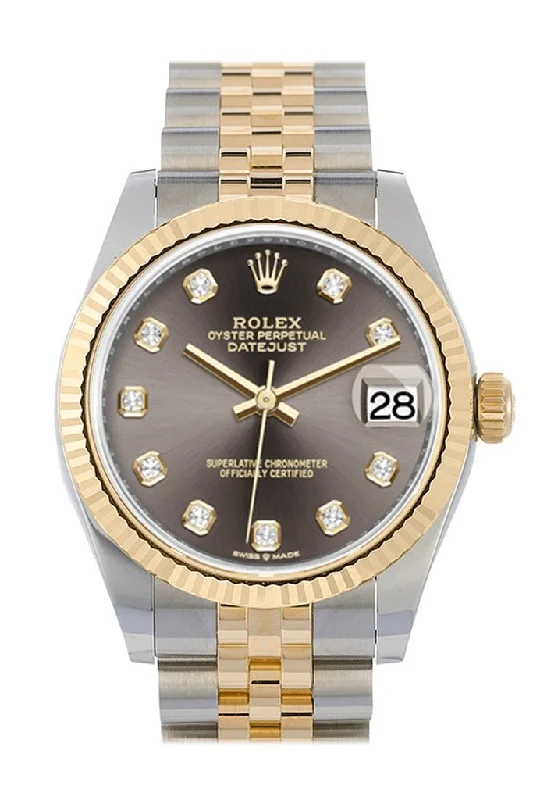 Watches with Rose Gold Plated Cases for a Feminine TouchRolex Datejust 31 Dark Grey Diamonds Dial Fluted Bezel 18K Yellow Gold Two Tone Jubilee Watch 278273 NP