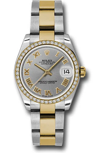 Watches with Engraved Dials for PersonalizationRolex Steel and Yellow Gold Datejust 31 Watch - 46 Diamond Bezel - Grey Roman Dial - Oyster Bracelet 178383 gro