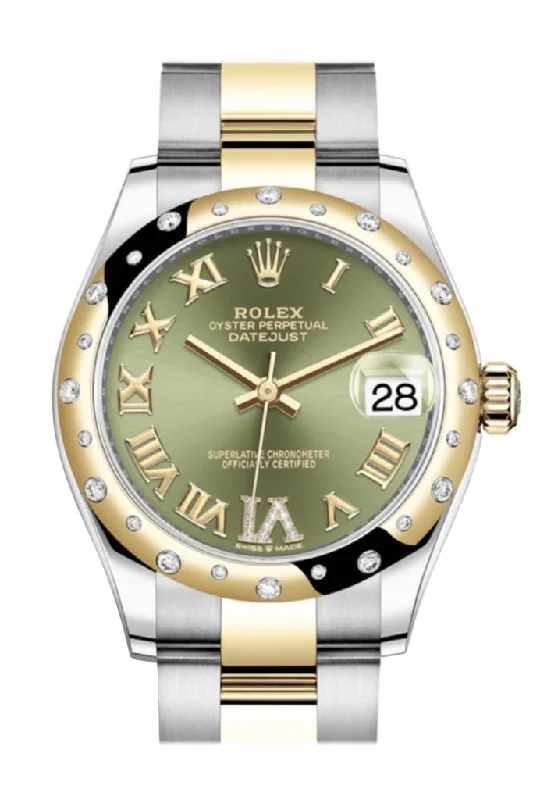 Leather Band Watches with Quick-Release BucklesRolex Datejust 31 Olive green Large VI diamonds Dial Diamond Bezel Yellow Gold Two Tone Watch 278343RBR 278343