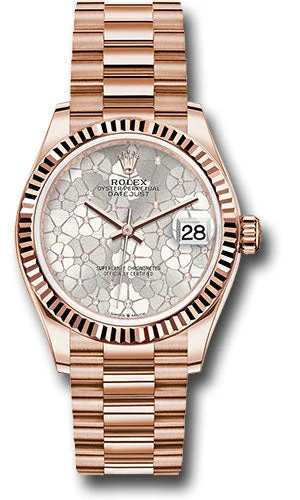 Round Dial Watches with Roman NumeralsRolex Everose Gold Datejust 31 Watch - Fluted Bezel - Silver Floral Motif Diamond Dial - President Bracelet 278275 sflomdp