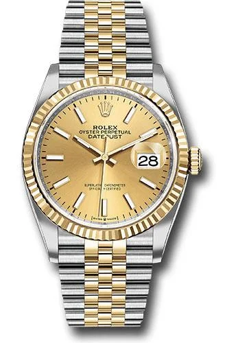 Minimalist Analog Watches for Everyday WearRolex Steel and Yellow Gold Rolesor Datejust 36 Watch - Fluted Bezel - Champagne Index Dial - Jubilee Bracelet - 126233 chij