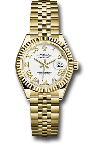 Watches with GMT FunctionRolex Yellow Gold Lady-Datejust 28 Watch - Fluted Bezel - White Roman Dial - Jubilee Bracelet - 279178 wrj