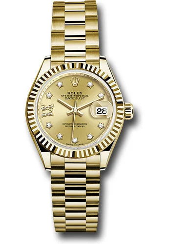 Stainless Steel Bracelet Watches for DurabilityRolex Yellow Gold Lady-Datejust 28 Watch - Fluted Bezel - Champagne Diamond Star Dial - President Bracelet - 279178 ch9dix8dp