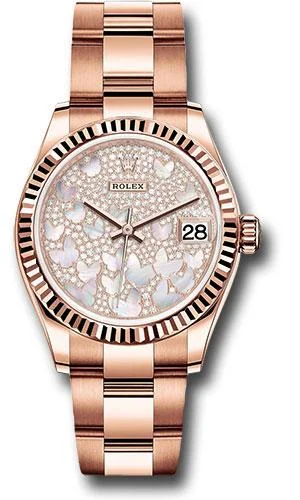 Watches with Engraved Dials for PersonalizationRolex Everose Gold Datejust 31 Watch - Fluted Bezel - Diamond Paved Butterfly Dial - Oyster Bracelet - 278275 pmopbo