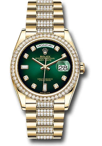 Watches with Baton-Style Hands for a Classic LookRolex Yellow Gold Day-Date 36 Watch - Diamond Bezel - Green OmbrŽ Diamond Dial - Diamond President Bracelet - 128348rbr groddp