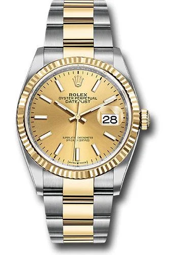 Watches with Embossed Dials for a Textured LookRolex Steel and Yellow Gold Rolesor Datejust 36 Watch - Fluted Bezel - Champagne Index Dial - Oyster Bracelet - 126233 chio