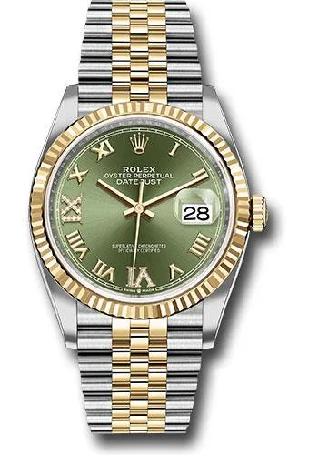 Adjustable Strap Watches for Perfect FitRolex Steel and Yellow Gold Rolesor Datejust 36 Watch - Fluted Bezel - Olive Green Roman Dial - Jubilee Bracelet - 126233 ogdr69j