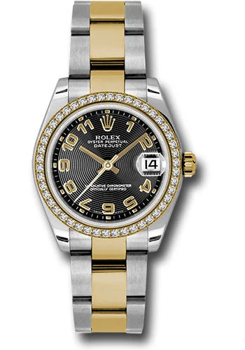 Watches with Luminous Markers for Night VisibilityRolex Steel and Yellow Gold Datejust 31 Watch - 46 Diamond Bezel - Black Concentric Circle Arabic Dial - Oyster Bracelet 178383 bkcao